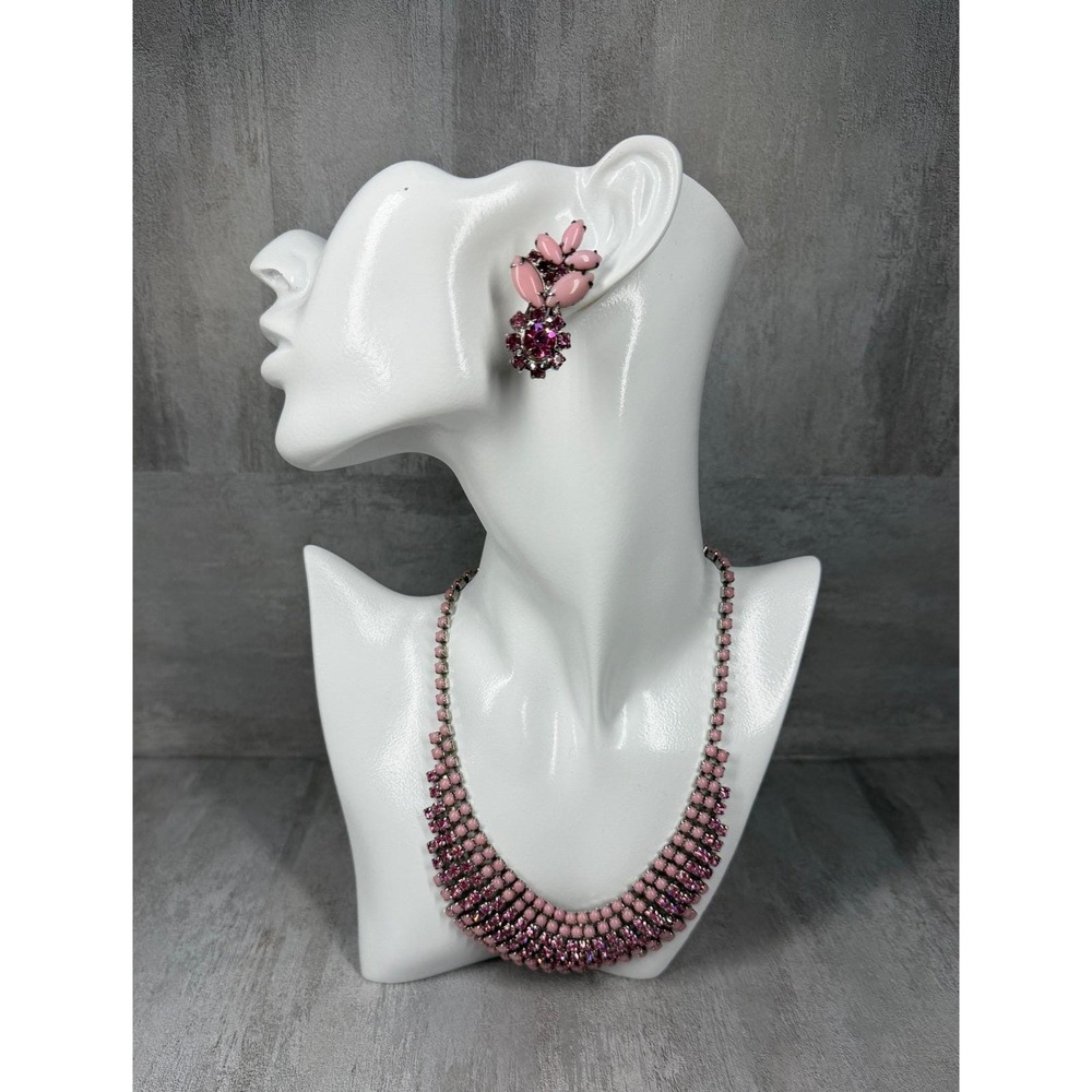 Vintage Pink Rhinestone Bib Necklace Cluster Clip On Earrings Jewelry Set